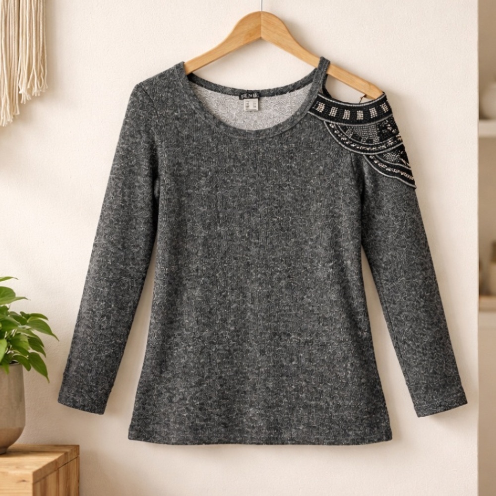 VENUS Open Shoulder Charcoal Knit Sweater